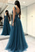 Blue See Through Split Backless Lace Appliques Tulle Long Prom Dress with Beading DMB27