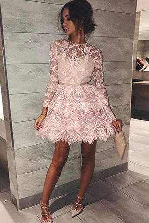 Pink A Line Short Long Sleeves Lace Mini Homecoming Dress DMB34