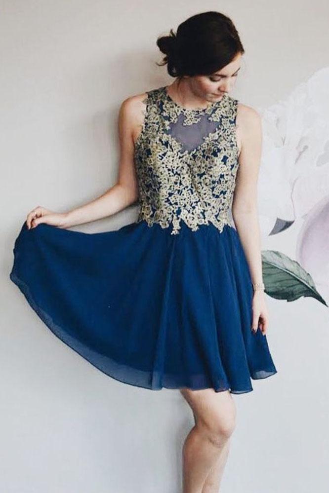 A Line Navy Blue Chiffon Lace Appliques Short Homecoming Dresses DMM74