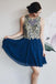 A Line Navy Blue Chiffon Lace Appliques Short Homecoming Dresses DMM74