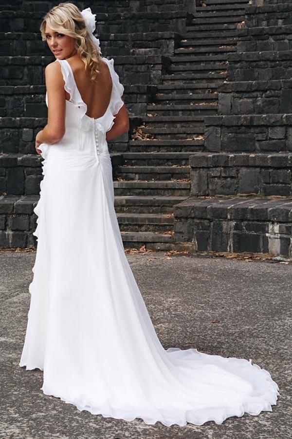 Simple White V-neck Chiffon Ruffles Sleeveless Wedding Dress Bridal Gowns DM596