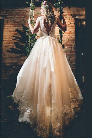 Elegant Off White Lace Appliques A-line Chapel Train Wedding Dresses with Sash DMB05
