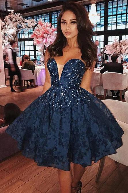 Unique A-Line Sweetheart Dark Blue Lace Short Homecoming Dress with Beading DMA90