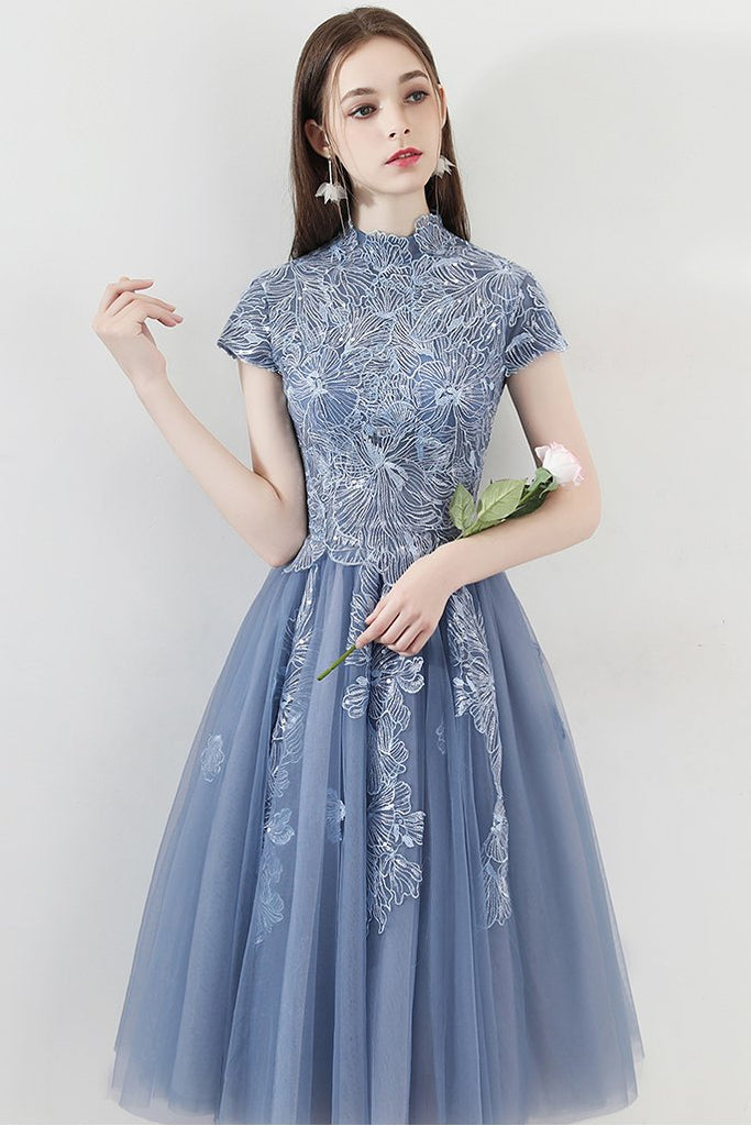Blue A Line Tulle Cap Sleeves High Neck Homecoming Dresses With Lace Appliques OKC6