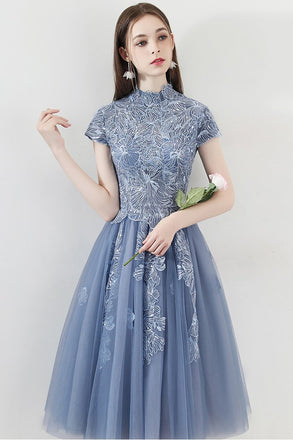 Blue A Line Tulle Cap Sleeves High Neck Homecoming Dresses With Lace Appliques OKC6