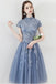 Blue A Line Tulle Cap Sleeves High Neck Homecoming Dresses With Lace Appliques OKC6