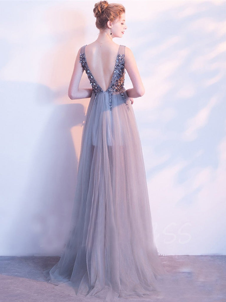 Elegant A Line Sequin Tulle Long V Neck Sleeveless Prom Dresses DMC2