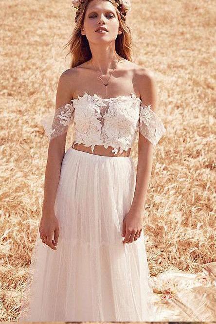 Two Piece Off the Shoulder Cheap Tulle Beach Wedding Dresses DMC93