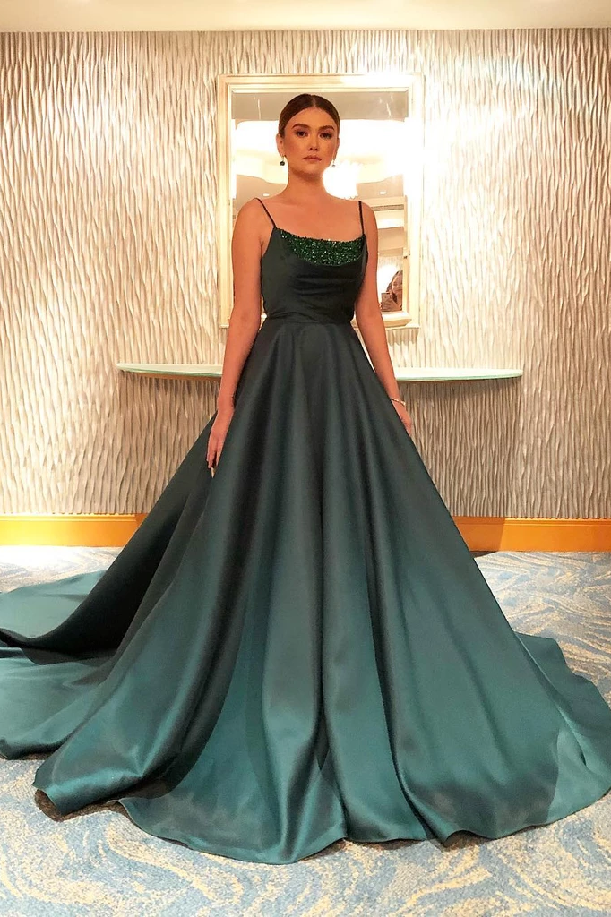 A-line Spaghetti Straps Dark Green Long Prom Dresses Evening Dress DMS21