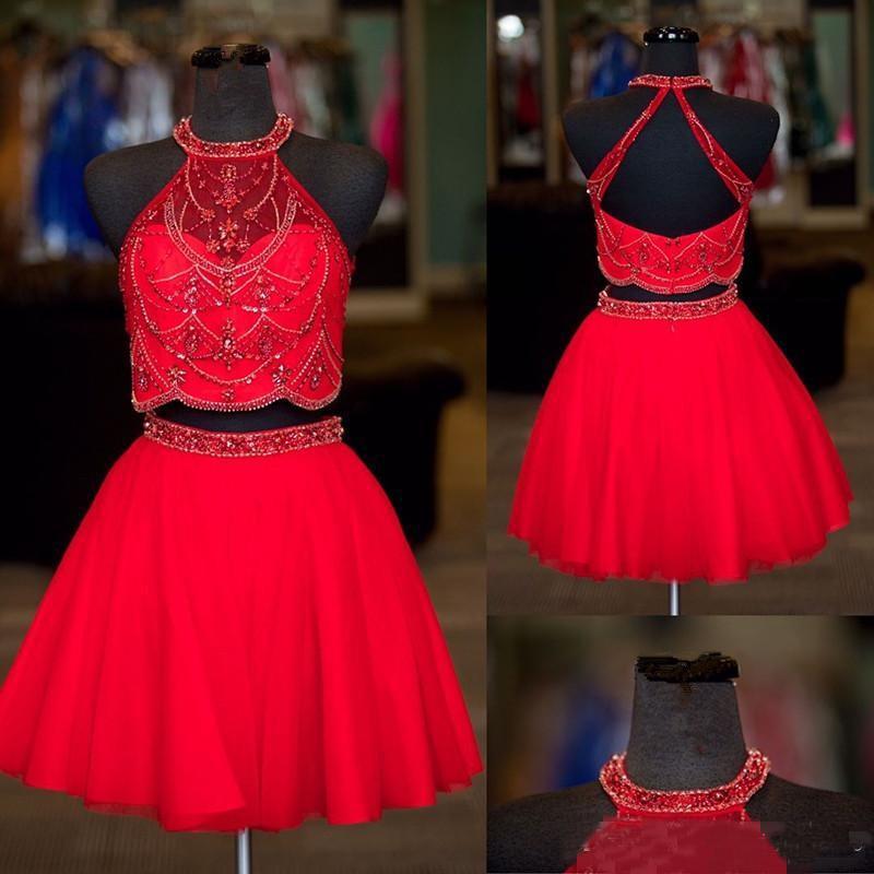 Halter Two Pieces Beaded Royal Blue A-line Tulle Mini Short Homecoming Dresses DMC14