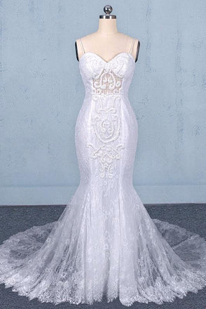 Mermaid Spaghetti Straps Lace Wedding Dress, Fashion Long Bridal Dresses DMQ17