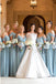 A-Line Cold Shoulder Long Light Blue Chiffon Bridesmaid Dress with Ruffles DMR96