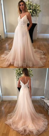 V-Neck Long Spaghetti Straps Prom Dresses,Simple Tulle A-Line Wedding Dresses DMB95