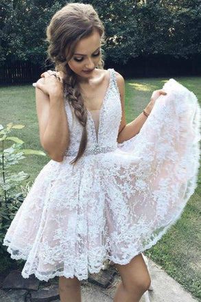 A-Line V-Neck Mini White Lace Homecoming Dress with Beading,Graduation Dresses DMB17