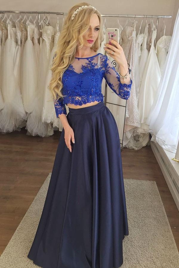 Two Piece 3/4 Sleeves Navy Blue Prom Dress with Royal Blue Lace DMI76