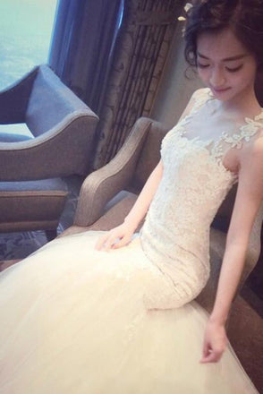 Mermaid Tulle Lace Sleeveless Long Count Train Wedding Dress DM640