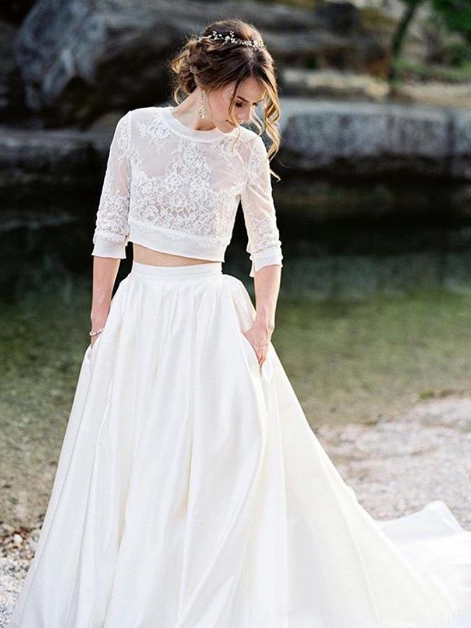 Ivory Lace Top Two Pieces Wedding Dresses Gorgegous  Sweep Train Wedding Gowns With Pockets DMP84