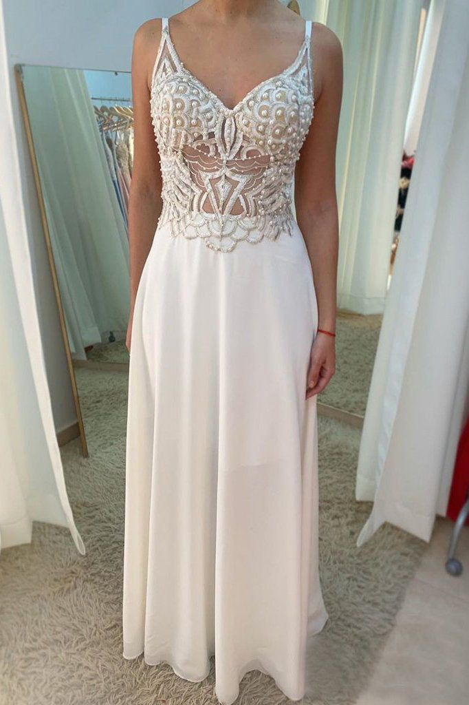 Ivory Chiffon See Through A Line V Neck Prom Dresses With Beading DMS83