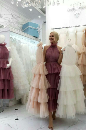 Ivory Tulle High Neck A Line Ankle Length Wedding Dress with Tiered Skirt DMW46