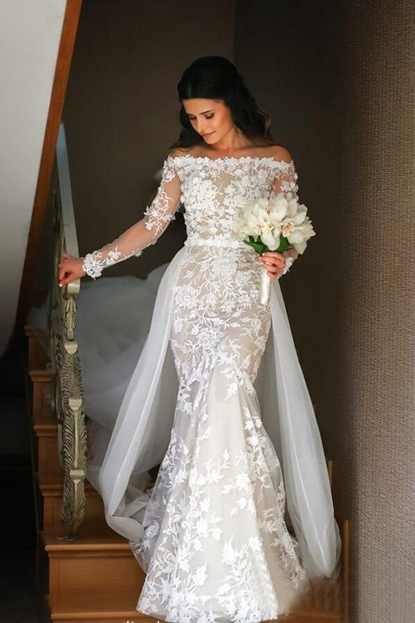 Off White Mermaid Lace Wedding Dresses Off the Shoulder Bridal Dresses DMP79