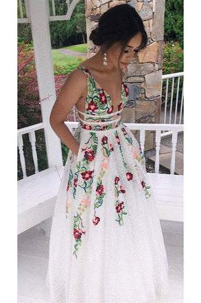 Charming V Neck Floral Embroidery Long Lace Prom Dress with Pocket DMJ1