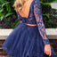 Two Piece Bateau Long Sleeves Dark Blue A Line Tulle Homecoming Dress DMB79