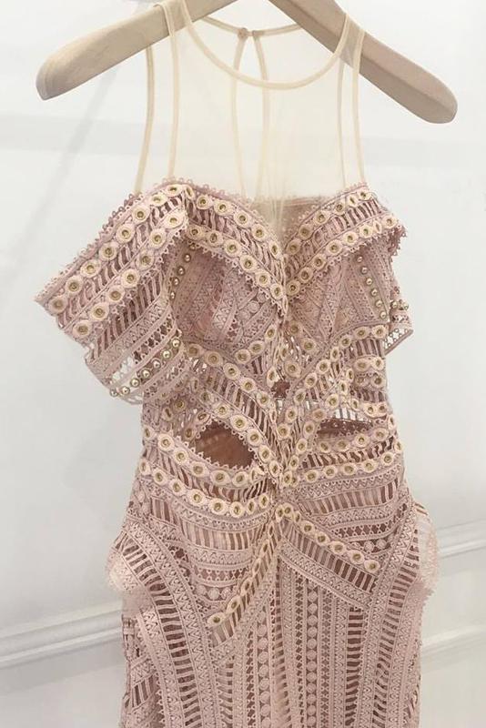 Beautiful A-Line Short Sleeves Asymmetry Pink Lace Prom Dress DMB49