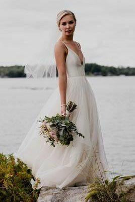 Simple V Neckline A-line Backless Ivory A Line Beach Wedding Dress DMC92