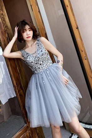 V Neck A Line Beaded Homecoming Dresses, Short Tulle Prom Dress DMN59