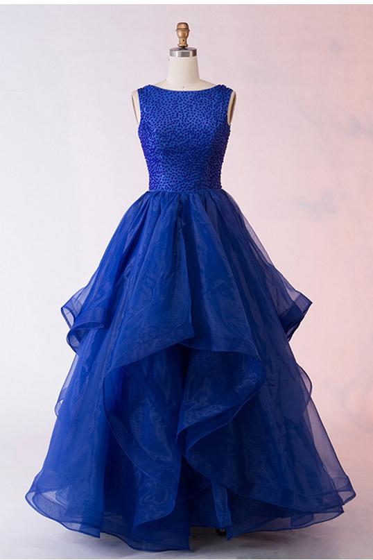 Fashion A-Line Bateau Long Royal Blue Organza Prom Dress with Beading DMF64