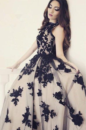 Appliques A-Line Round Neck Black Lace Long Prom Dress DM128