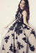 Appliques A-Line Round Neck Black Lace Long Prom Dress DM128