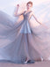 Elegant A Line Sequin Tulle Long V Neck Sleeveless Prom Dresses DMC2