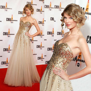 Sweetheart A Line Gold Sequin Tulle Long Sleeveless Prom Dresses DMC3