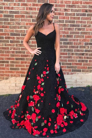 A-Line Spaghetti Straps Black Sweep Train A Line Prom Dress with Flowers DMI74