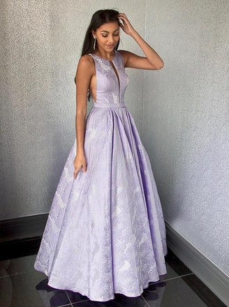 A-Line Floor-Length Lilac Printed Prom Dress, Simple Long Evening Dresses DMJ12