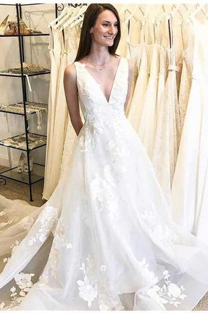 Cheap A-Line Deep V-Neck Backless Long Wedding Dress with Appliques DMB61