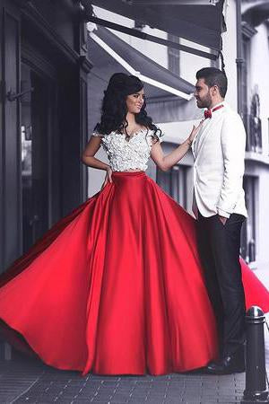 White Lace Top Prom Dresses,Red Prom Dress,Satin Prom Dresses,Two Piece Prom Dress