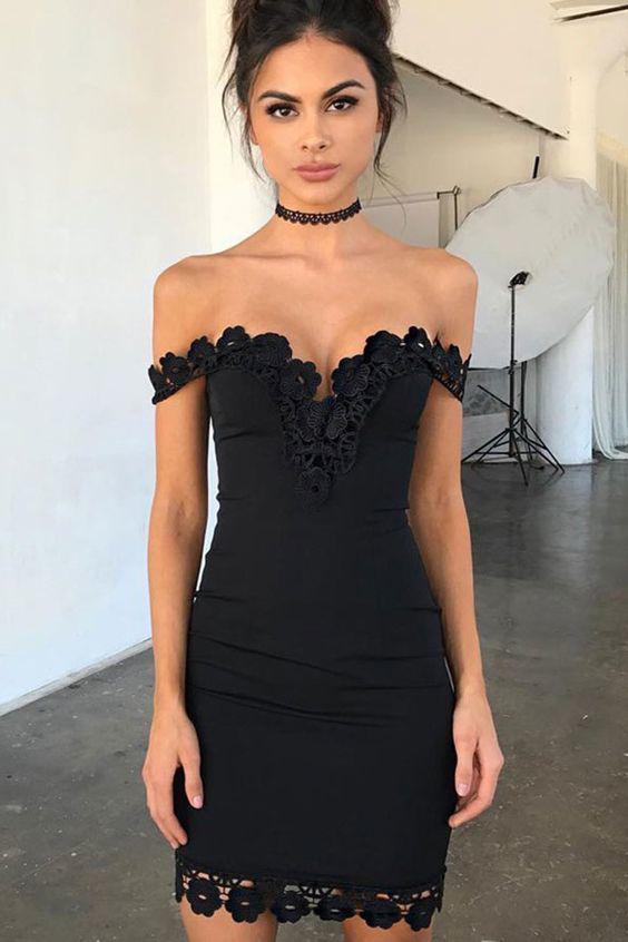 Sexy Sheath Off-the-Shoulder Short Black Homecoming Dress with Lace DM Demodresses Sexy Sheath Off-the-Shoulder Short Black Homecoming Dress with Lace DM Demodresses