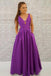 Simple A-Line Deep V-Neck Backless Long Purple Satin Prom Dress with Pockets DMJ34