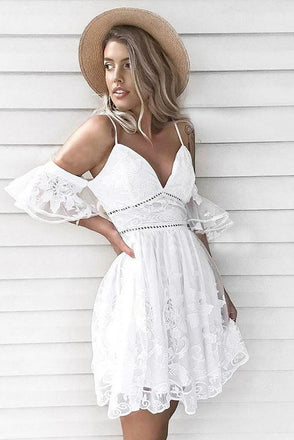A-Line Spaghetti Straps Short White Lace Homecoming Dress DMM7