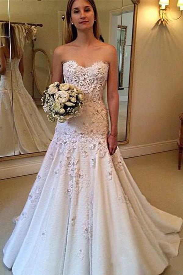 Charming Sweetheart Sweep Train A Line Long Wedding Dress with Lace Appliques DMB10