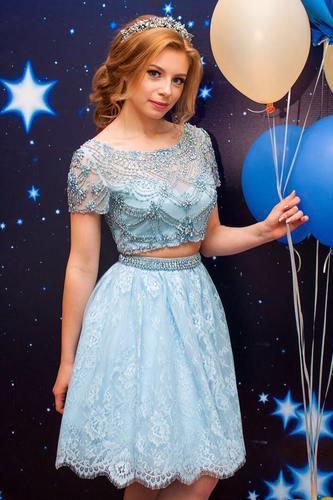 Light Blue Two Pieces A Line Lace Short Sleeves Short Prom Dress With Beads DMB77