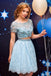 Light Blue Two Pieces A Line Lace Short Sleeves Short Prom Dress With Beads DMB77