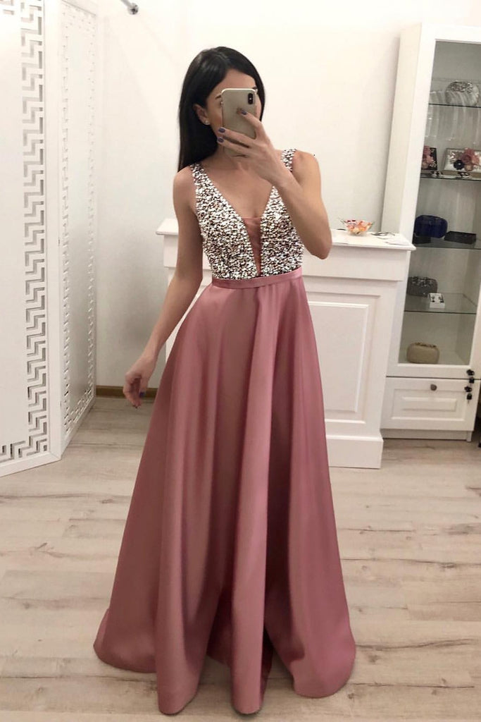 A Line Beading Satin Prom Dresses, V Neck Sleeveless Cheap Prom Dress DMI16