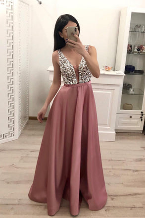 A Line Beading Satin Prom Dresses, V Neck Sleeveless Cheap Prom Dress DMI16