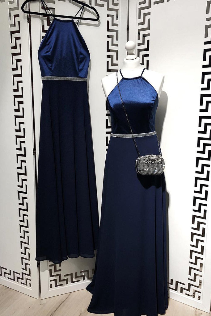 A Line Navy Blue Chiffon Long Prom Dresses,Cheap Party Dresses DMI81