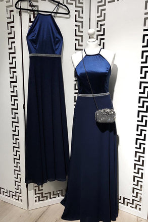 A Line Navy Blue Chiffon Long Prom Dresses,Cheap Party Dresses DMI81