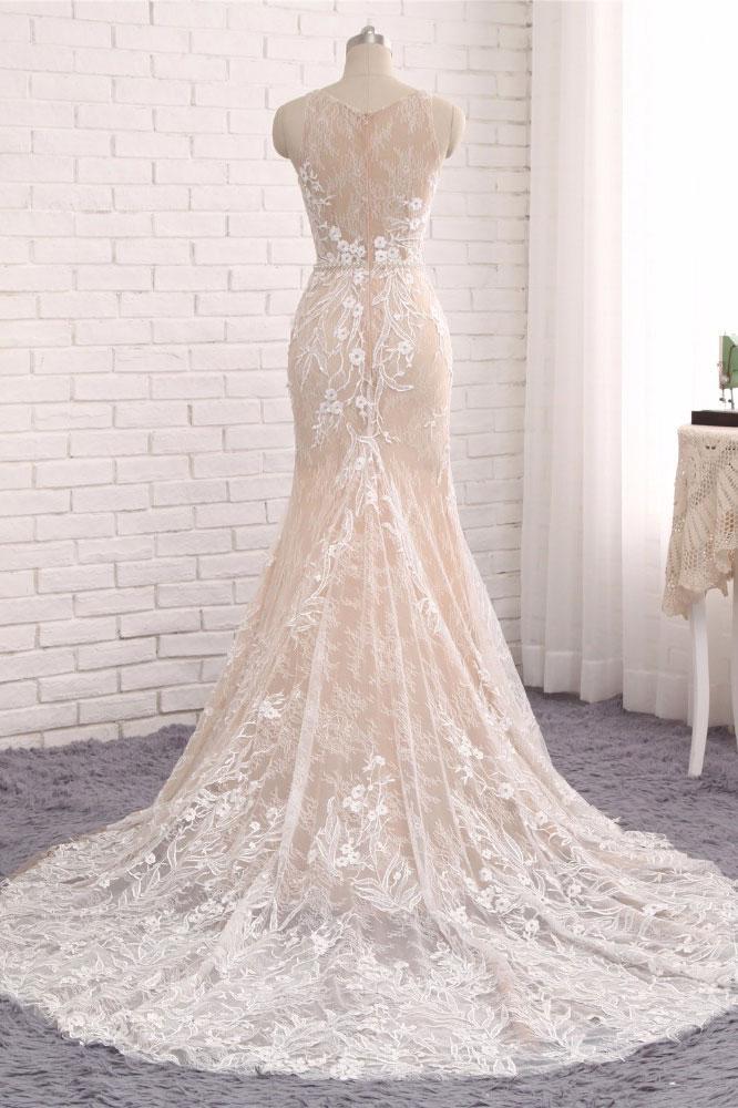 Unique Mermaid White Sleeveless Prom Dress,Lace Long Sweep Train Wedding Dress DM636