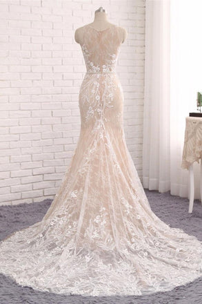 Unique Mermaid White Sleeveless Prom Dress,Lace Long Sweep Train Wedding Dress DM636